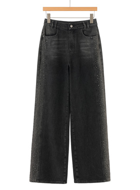 699西湖阁老【栖】春装 港风高挑气质烫钻宽脚拖地牛仔裤116