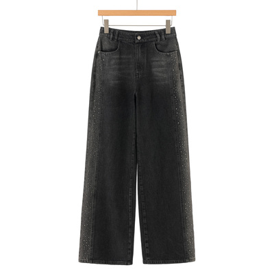 699西湖阁老【栖】春装 港风高挑气质烫钻宽脚拖地牛仔裤116