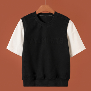 T恤拼接假两件短款 539西湖阁老 圆领短袖 春装 含棉卫衣502 熠