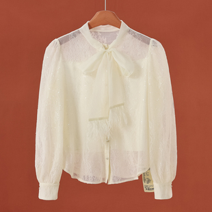 蕾丝镂空系带羽毛亮片纯欲风衬衫 899 春装 知 938 100锦纶