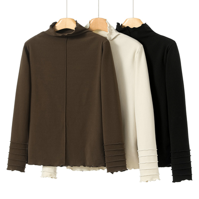 西湖阁老【申】冬装 半高领双面慕斯绒木耳边多层花袖T恤衫991