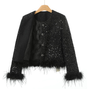 冬装 当季 可拆卸羽毛条水钻扣亮片小香风羽绒服550 俪 西湖阁老