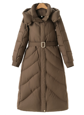 西湖阁老【妃】冬装*绍 腰带修身拆卸连帽立领加长款羽绒服561
