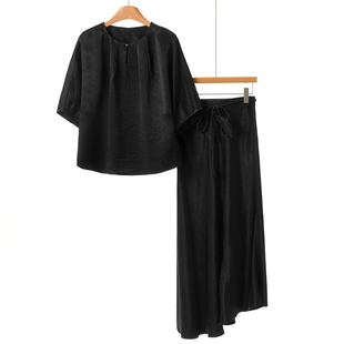 兹 斜摆松紧半裙绸面套装 春装 开叉小衫 060 蝙蝠袖 100醋纤