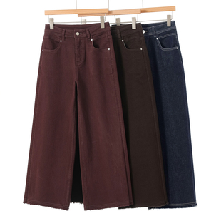 脚挺括阔腿牛仔裤 599西湖阁老 皮标高腰毛边裤 春装 056 栖