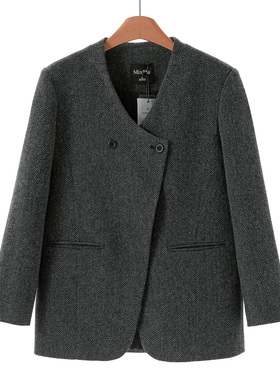 999 83%绵羊毛【兰】冬装 人字纹斜门襟V领呢大衣655