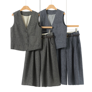 葛 两件套套装 26春装 七分宽脚甩腿裤 808 V领马甲 58%亚麻