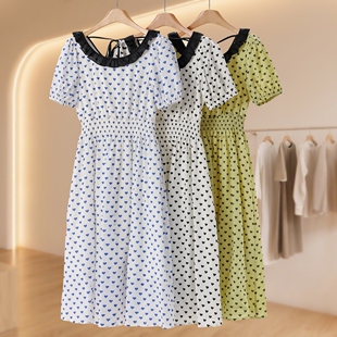 夏装 花边领系带松紧高腰爱心印花连衣裙637弜 蜜 西湖阁老