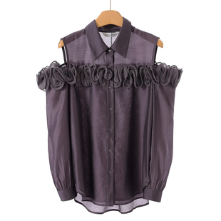 小众翻领花边拼接露肩天丝衬衫 568 春装 序 203 84%莱赛尔