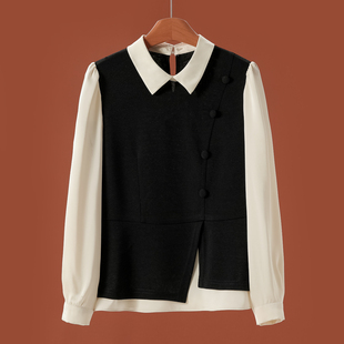 绍 春装 翻领衬衫 袖 165 西湖阁老 气质拼接假两件小衫 薇