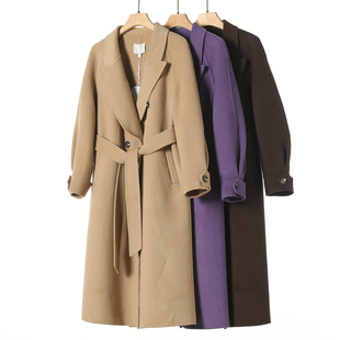 落肩袖 2599 冬装 兹 系腰带过膝双面呢大衣175 100绵羊毛