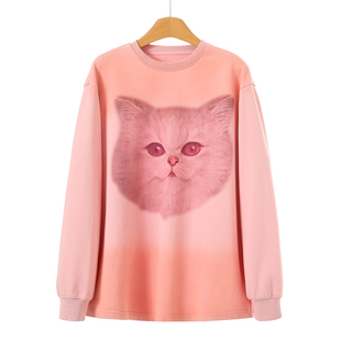 印花猫咪宽松慵懒晕染卫衣260 春装 589西湖阁老 芙