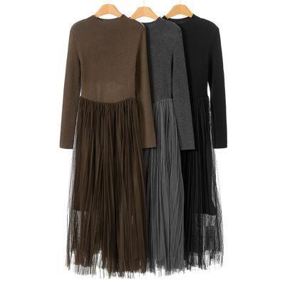 西湖阁老【帛】当季冬装 针织拼接网纱收腰过膝连衣裙231