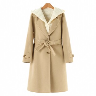 连帽羽绒马甲 鹅绒 绍 冬装 开叉双面呢长毛大衣两件套037 待