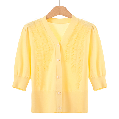 639 55%粘纤【TH】春装 网纱木耳花边开衫V领针织外套072