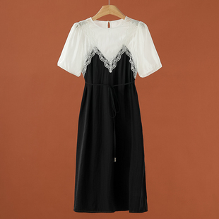 夏装 迪 花边假两件天丝拼接开叉连衣裙323弜 84%莱赛尔 569