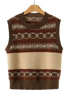 西湖阁老【卡拉】冬装 菱格纹休闲外穿圆领马甲针织衫055