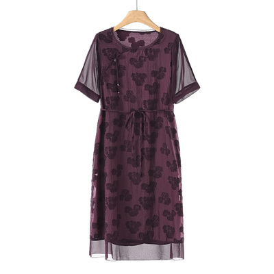 西湖阁老【梦】夏装 圆领套头重工提花中式风优雅短袖连衣裙162弜