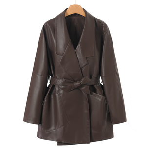 申 西装 春装 系腰带蝙蝠袖 领皮衣外套622 开衫 绵羊皮革