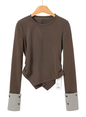 379 57%莫代尔【帛】26春装*绍 不规则摆露腰格子袖T恤035