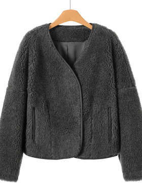 50%羊驼+50澳毛【南油】冬装 V领暗扣PU包边蝙蝠袖羊剪绒大衣702