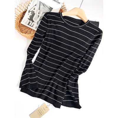 40.4%粘纤【皇】春季 圆领套头条纹小众喇叭袖吗针织衫776