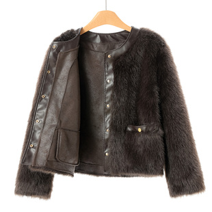 冬装 当季 单排扣PU皮质仿水貂毛环保皮草外套122 申 西湖阁老
