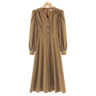 气质A字版 春季 V领套头纯色配腰绳连衣裙507 熠 769西湖阁老