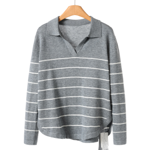 弧形摆翻领条纹针织衫 598 春装 境 782 30%绵羊毛