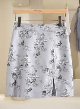 特价·799西湖阁老【帝】春季 串珠一字扣开叉提花包臀短裙587