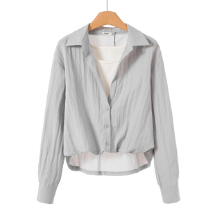 假两件拼接不规则套头衬衫 499 春装 兰 025 37%粘纤