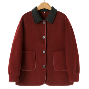 绍 冬装 拼接小方领羊毛双面呢长毛短大衣866 妃 西湖阁老