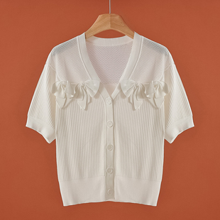 针织衫 77%粘纤 096剪弜 网眼半透串珠蝴蝶结拼接开衫 夏装
