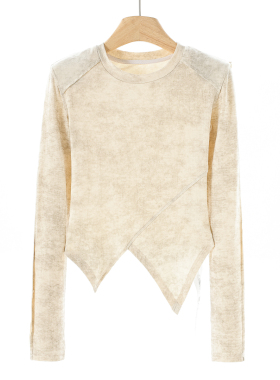 西湖阁老【AL】春季*绍 设计感圆领套头不规则衣摆小众T恤562