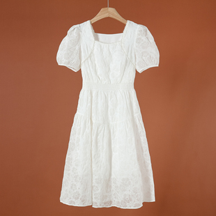 棉重工珍珠装 春夏 饰U领松紧腰连衣裙148 669西湖阁老