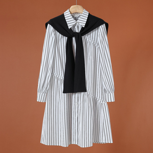 翻领单排扣配披肩条纹荷叶连衣裙145 春季 899西湖阁老