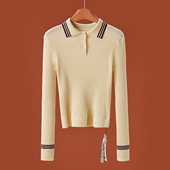 条纹翻领显瘦弹性含绵羊毛针织衫 冬装 631 兰 439西湖阁老