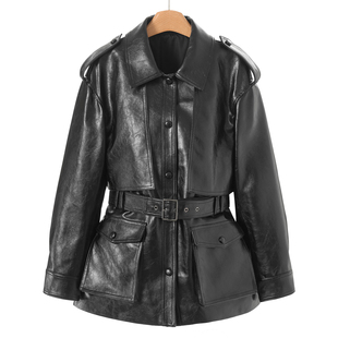 立体方袋修身 春装 系腰带按扣皮衣外套518 申 绵羊皮革