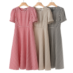 复古风圆领套头格子短袖 夏装 连衣裙103弜 熠 539西湖阁老