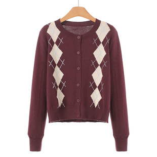 针织衫 569西湖阁老 拼色菱格纹宽松休闲开衫 春装 136 熠