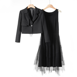 无袖 西湖阁老 一粒扣短西服 春季 网纱拼接连衣裙711 华H