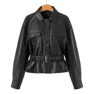 小个子修身 1899 春装 韦 系腰带翻领夹克皮衣外套852 羊皮革