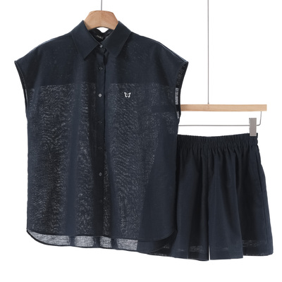 769 18%亚麻【兰】春装 刺绣无袖衬衫+松紧阔腿短裤套装113