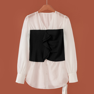 针织拼接花边套头天丝衬衫 699 春装 栖 581 85%莱赛尔纤维