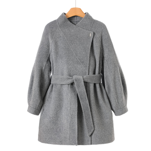 领口暗扣开衫 冬装 系带双面呢长毛大衣661 南油 10%羊驼毛