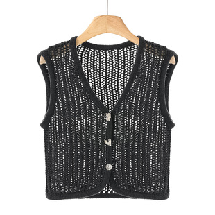 V领单排扣镂空针织马甲外套763 夏装 599西湖阁老 莫Y