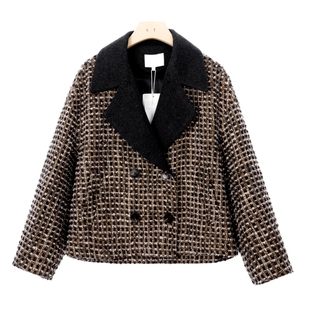 领拼接咖格大版 西湖阁老 西装 冬季 小香风毛呢短外套XH229 蓄