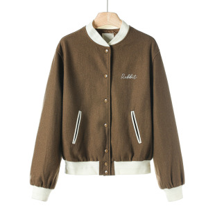 学院风撞色短款 韩货春季 毛呢棒球服666 50%羊毛