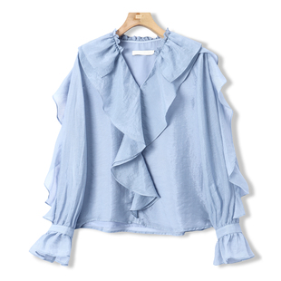 套头衬衫 479含莱赛尔天丝 荷叶边V领喇叭袖 春季 571 栖