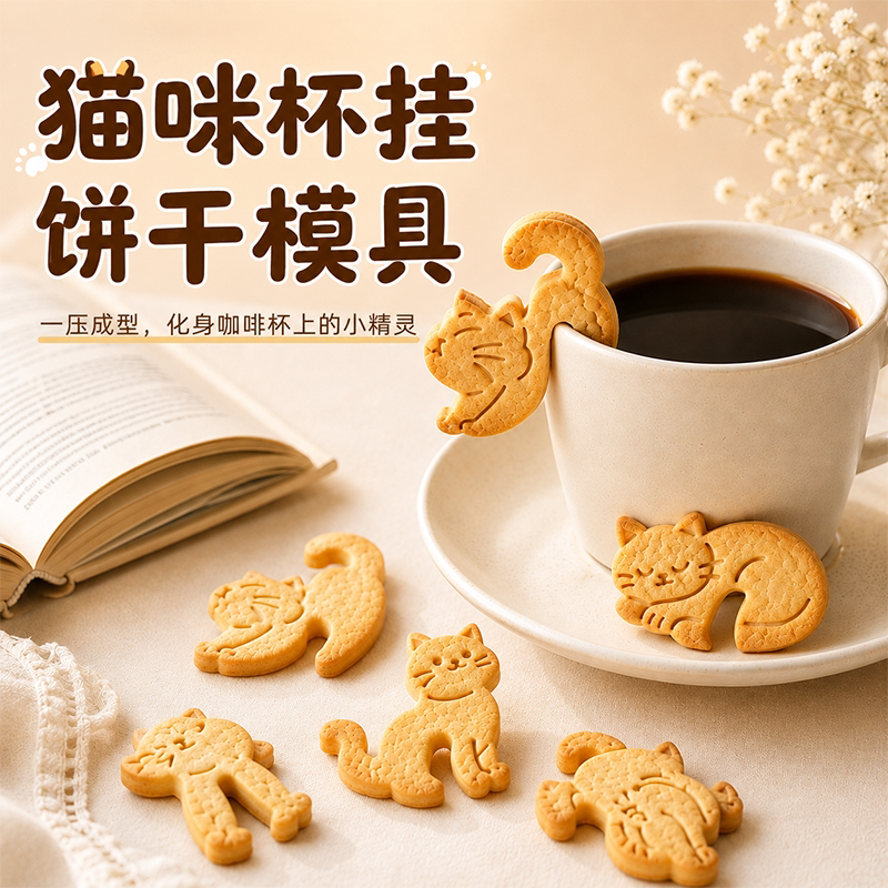 可爱挂杯猫咪饼干模具卡通黄油曲奇甜品咖啡杯挂装饰diy烘焙磨具